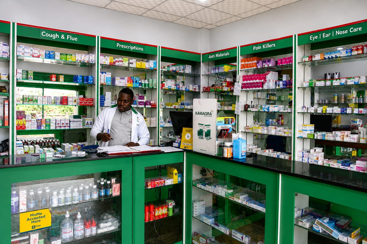 Interior of Given Pharmacy's Highway (Jinja Mpya) branch showing a pharmacist in a white coat taking notes at the counter, surrounded by well-stocked green shelving units clearly labeled with sections for Cough & Flue, Prescriptions, Anti Malarials, Pain Killers, and Eye/Ear/Nose Care, with a prominent yellow MoMo mobile money payment sign on the front glass display.