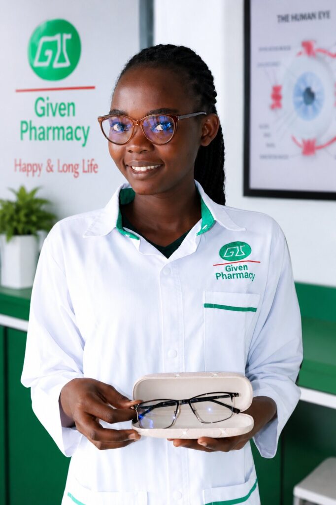 Given Pharmacy optical professional holding an open hard case containing prescription eyeglasses, representing the brand's comprehensive eye care and optical services, with the "Happy & Long Life" tagline and an anatomical human eye chart displayed in the background.