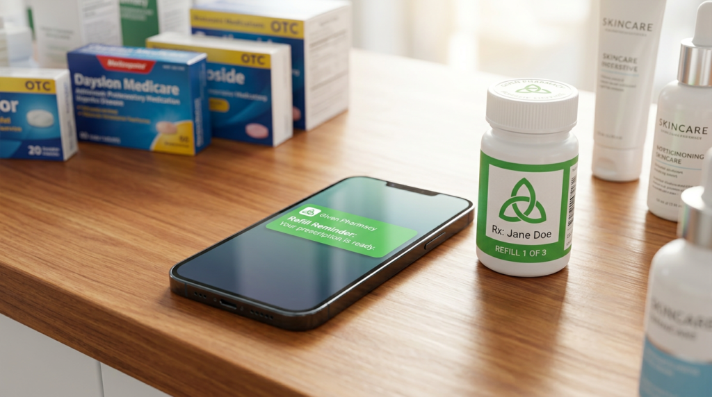 Given Pharmacy mobile app prescription refill reminder notification displayed on a smartphone, representing timely health alerts to ensure essential medication adherence and continuous patient care.