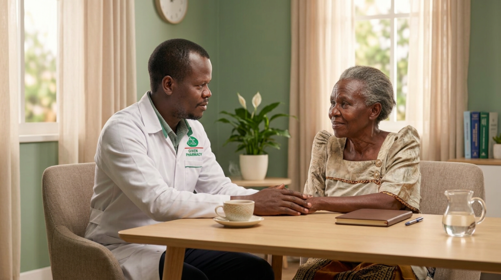 Given Pharmacy professional counselor holding the hands of an elderly female patient in a warm, private consultation room, offering compassionate support, empathy, and reassurance for managing chronic health conditions and navigating long-term wellness.