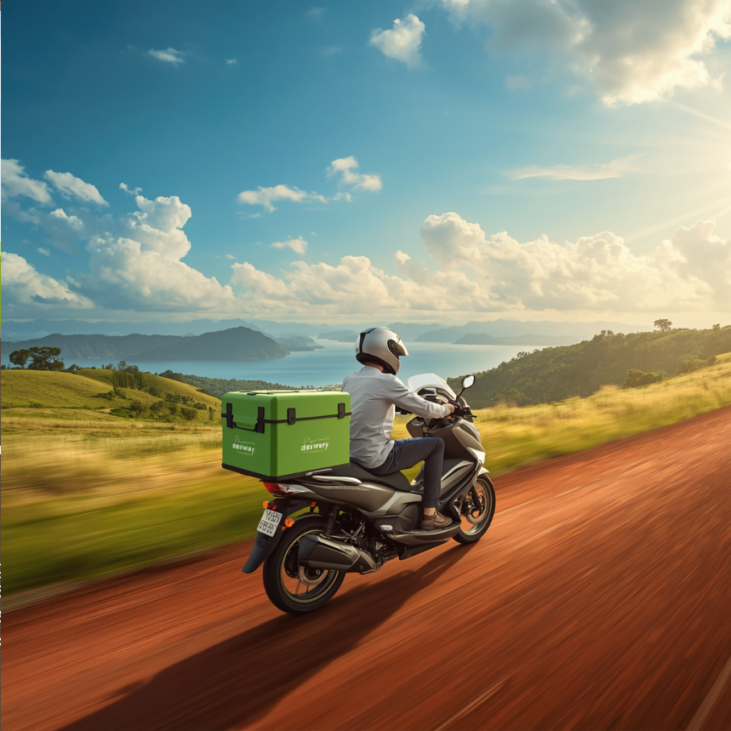 Given Pharmacy express delivery rider transporting a secure green medication box along a scenic red dirt road by the lakeside in Uganda, dynamically illustrating the brand's extensive nationwide network, speed, and commitment to reliable prescription delivery.