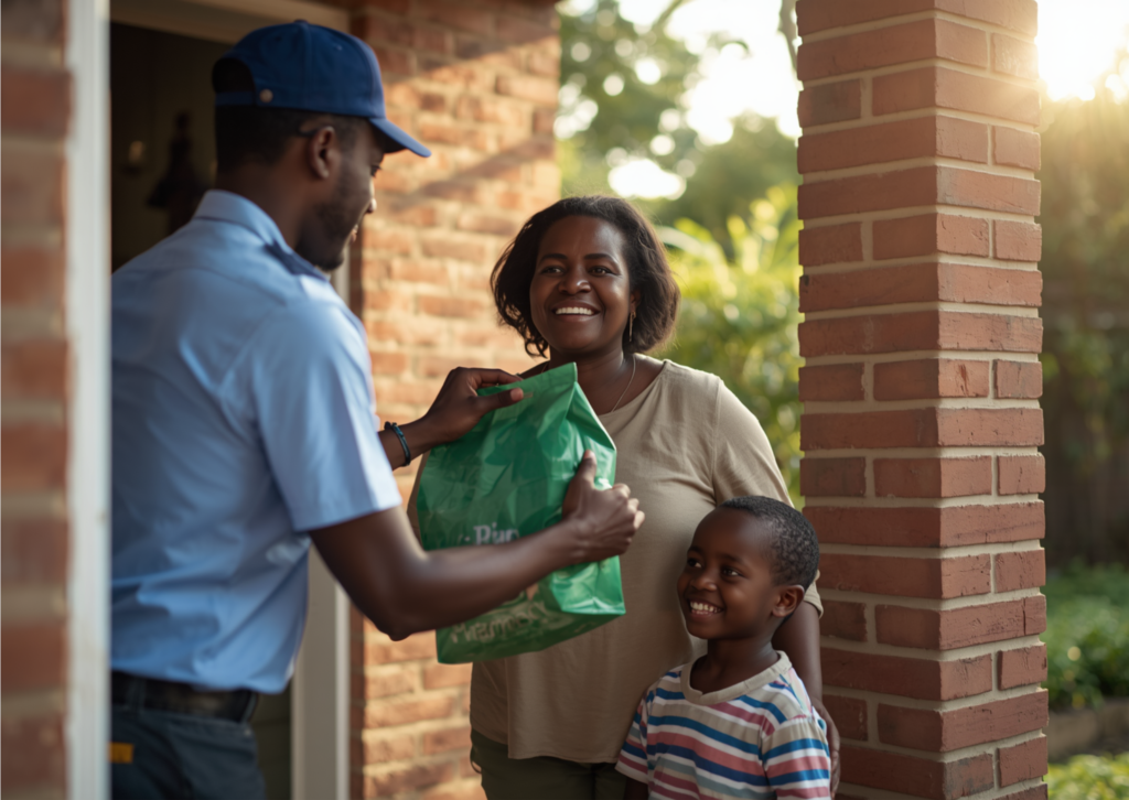 Given Pharmacy delivery courier handing a branded green medication bag to a smiling mother and her young child at their residential doorstep, representing the pharmacy's trusted, compassionate, and reliable prescription home delivery service for families across Uganda.