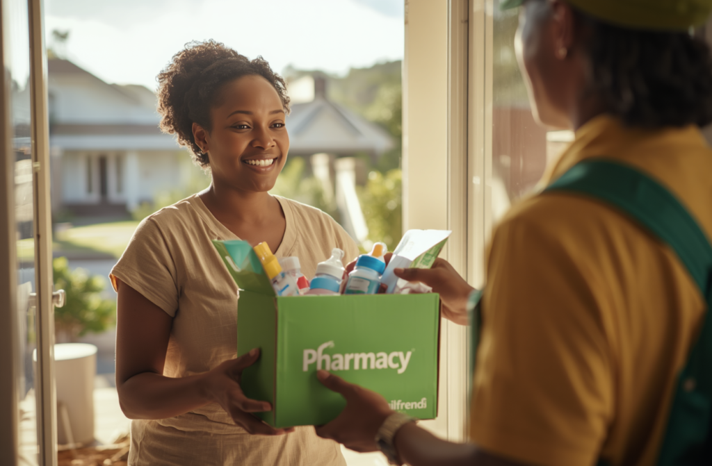 Given Pharmacy courier in a yellow uniform handing a green delivery box packed with baby medication refills and pediatric health supplies to a happy mother at her glass-paneled home entrance, highlighting the pharmacy's convenient, reliable, and family-friendly doorstep service.