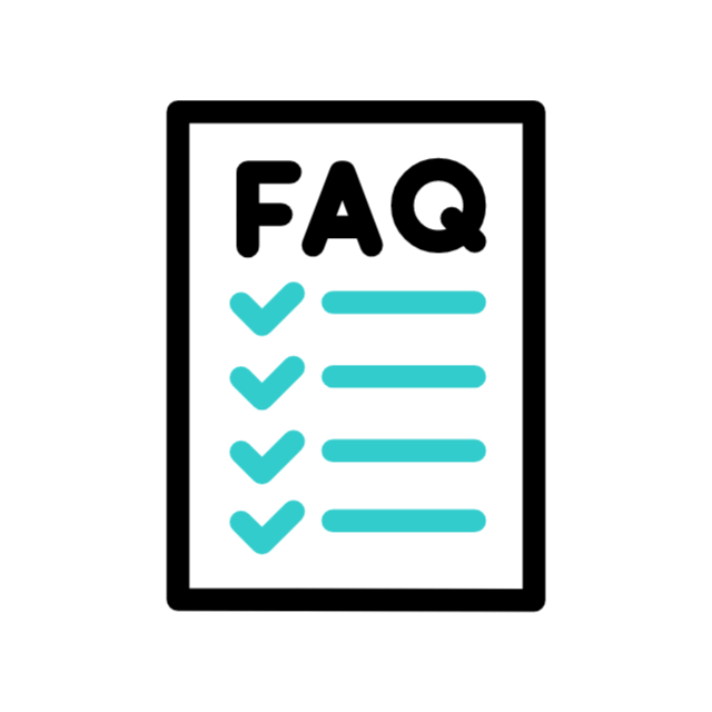 Given Pharmacy FAQ checklist icon showing a document with bold black "FAQ" text and teal checkmarks, representing a helpful resource for quick answers to commonly asked questions about pharmacy services, prescription refills, and nationwide delivery.