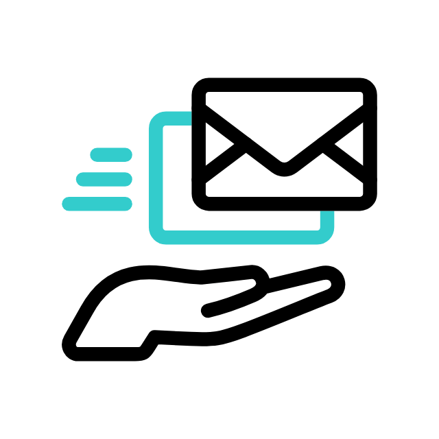 Given Pharmacy express delivery service icon showing a hand holding an envelope with motion lines, representing fast order fulfillment and pharmacy delivery across all branch locations.